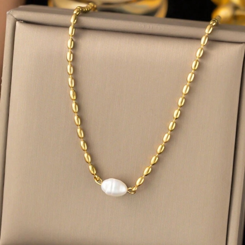 18K Gold Plated Stainless Steel Bead Necklace Adorned With White Pearls … - Picture 3 of 7